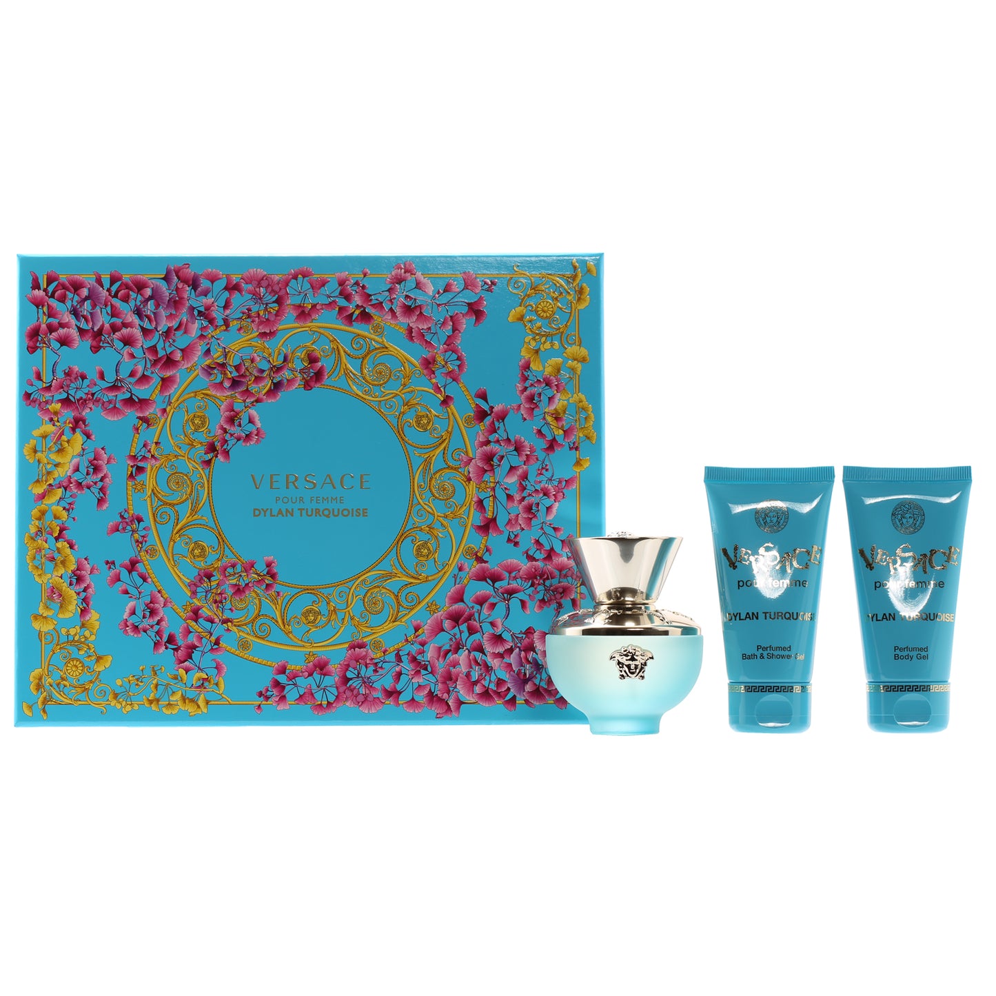 Versace Dylan Turquoise Set- 1.7 Oz Bath And Shower Gel, 1.7 Oz Body Gel, 1.7 Oz EDT