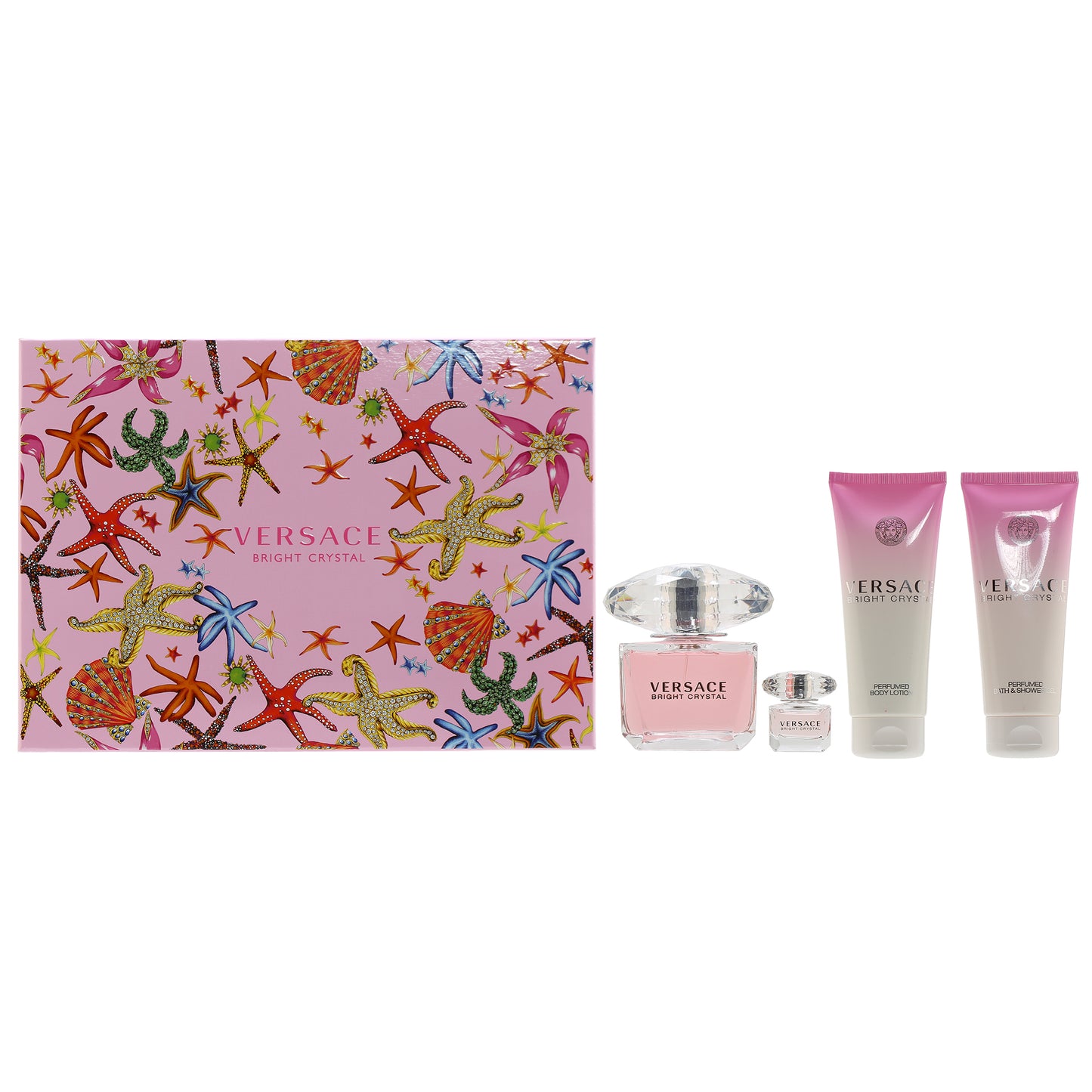 Versace Bright Crystal Set- 3.4 Oz Shower Gel, 3.4 Oz Body Lotion , 3 Oz EDT , Purse