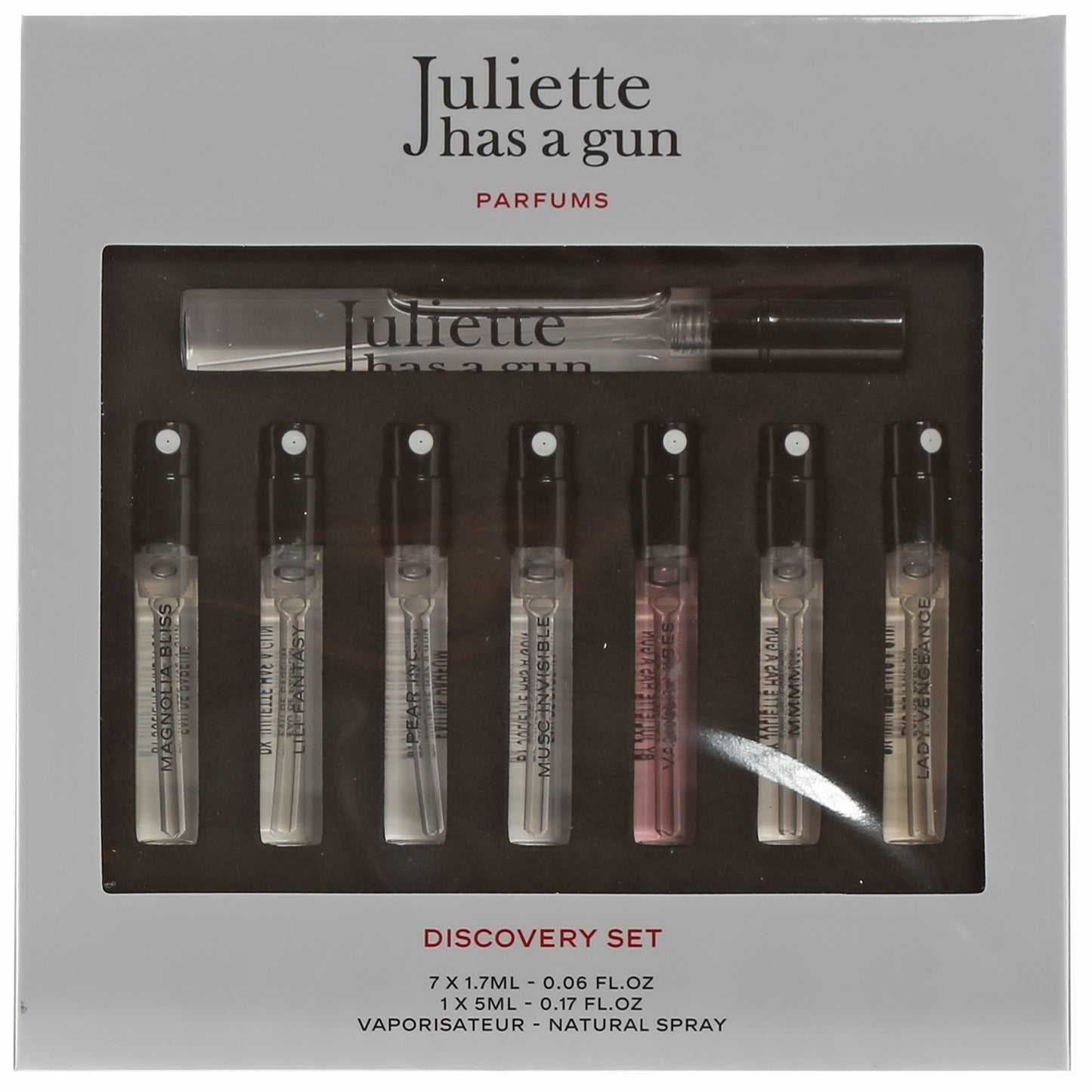 Juliette Has A Gun Magnolia Bliss Discovery Set: .17 Oz Not A Perfume, .06 Oz Magnolia Bliss, .06 Oz Lili Fantasy, .06 Oz Musc Invisible, .06 Oz Pear Inc, .06 Oz Vanilla Vibes, .06 Oz Mmmm, .06 Oz Lady Vengeance