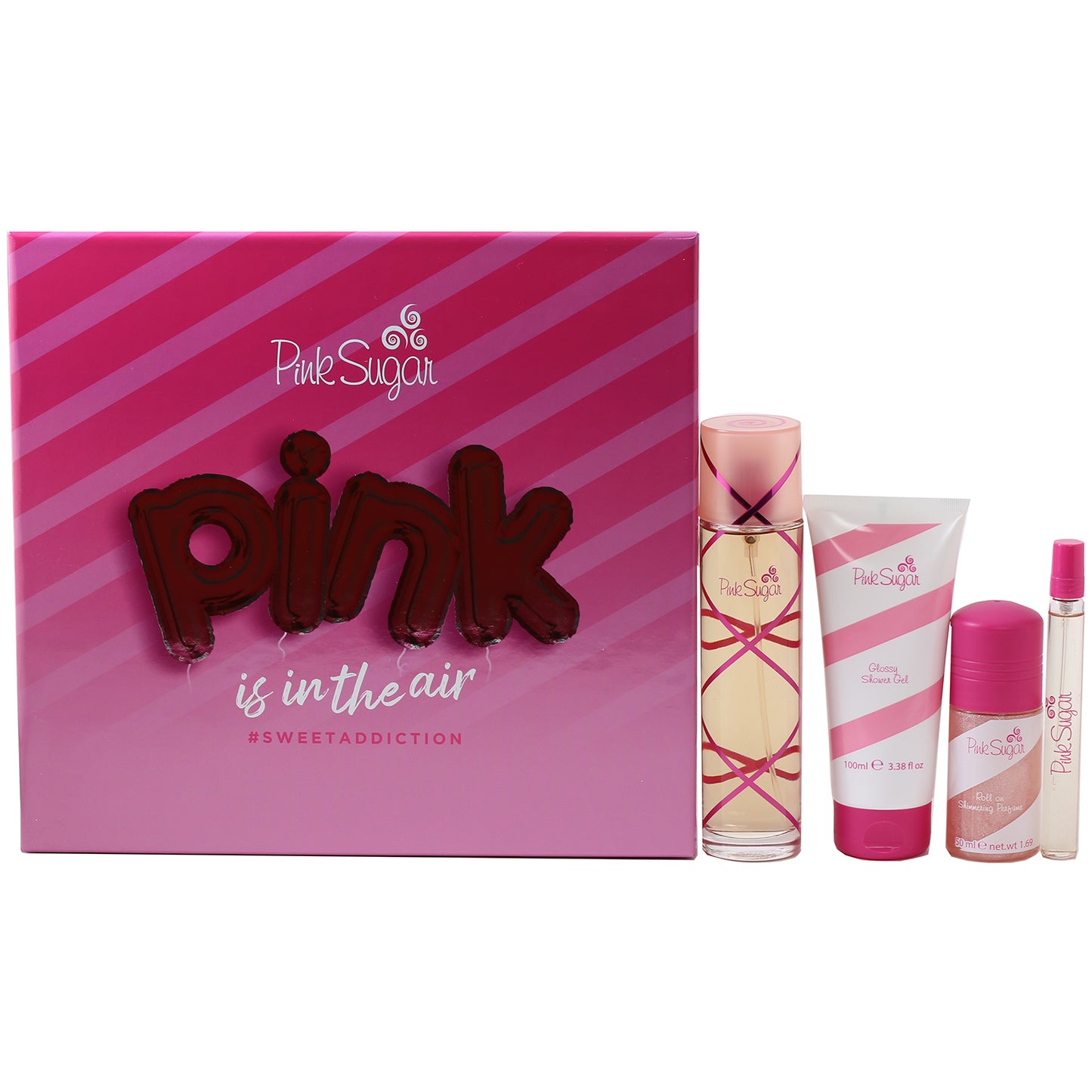 Pink Sugar By Aquolina Set- 3.4 Oz EDT , 3.4 Oz Shower Gel, 1.7 Oz Roll On, .34 Oz Rollerball Perfume
