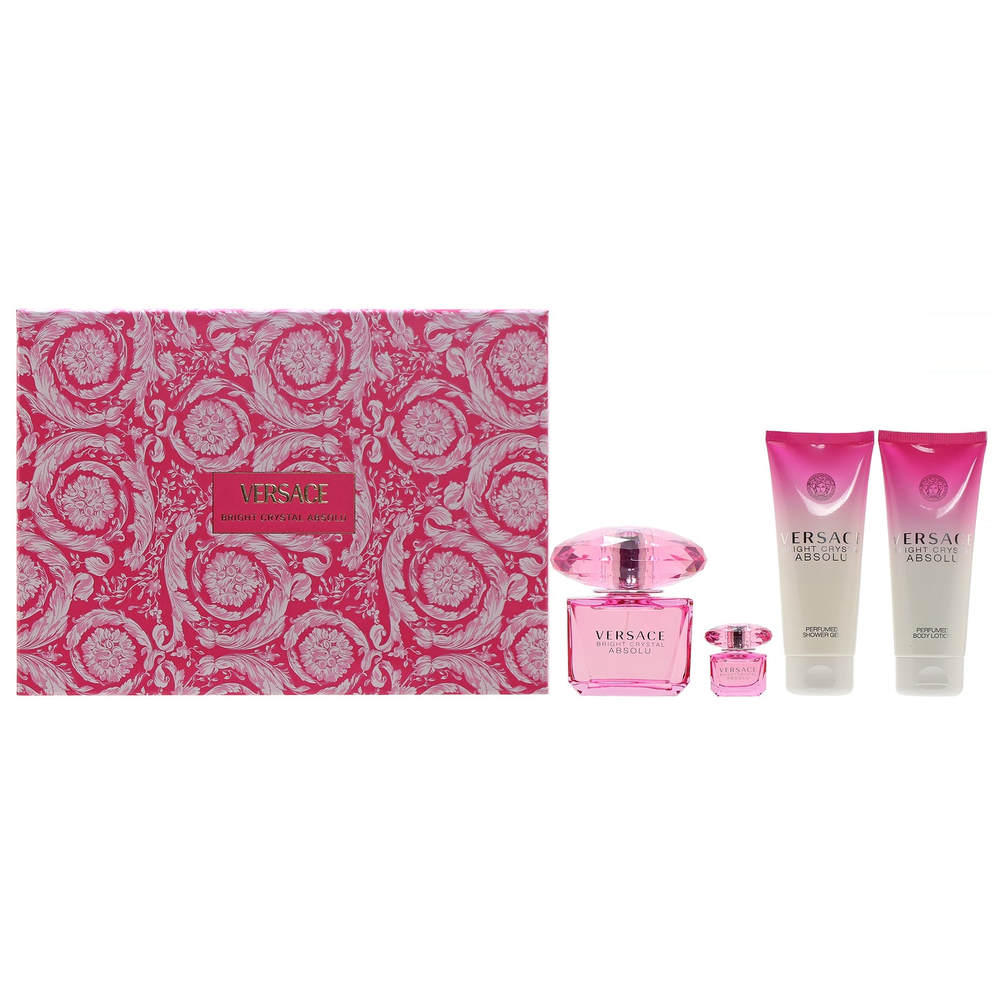 Versace Bright Crystal Absolu Set- 1.7 Oz EDP , 3.0 Oz EDP , 3.4 Oz Shower Gel, 3.4 Oz Body Lotion