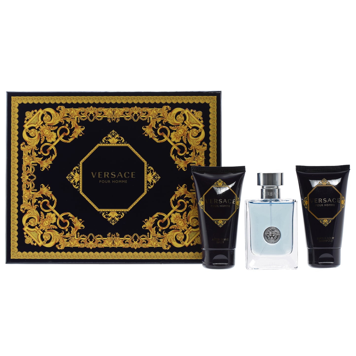 Versace Pour Homme Set-1.7 Oz EDT Spray, 1.7 Oz Hair And Body Shampoo, 1.7 Oz After-Shave Balm