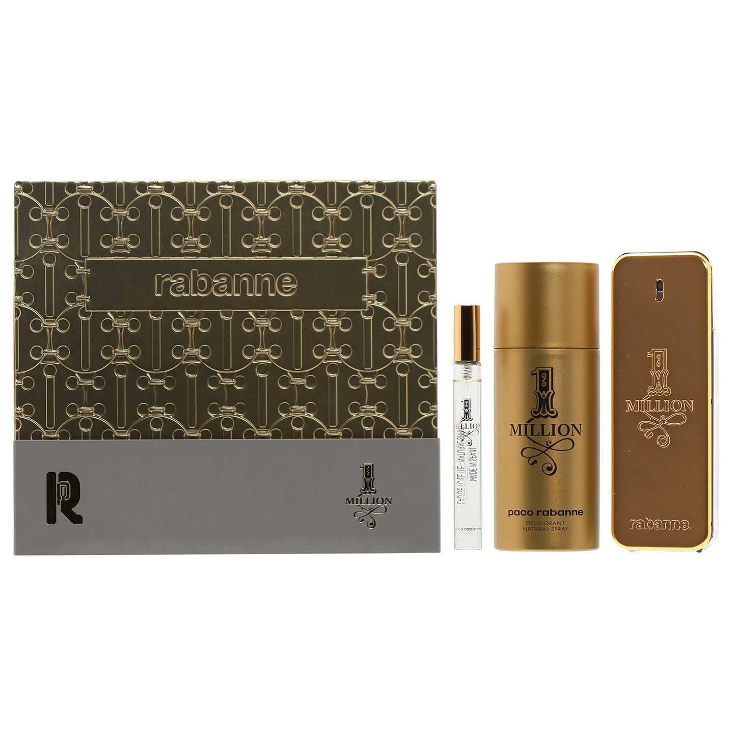 Paco Rabanne One Million Set 3.4 Oz EDT Spray/ 5.1 Oz Deodorant Spray/ .34 Mini EDT