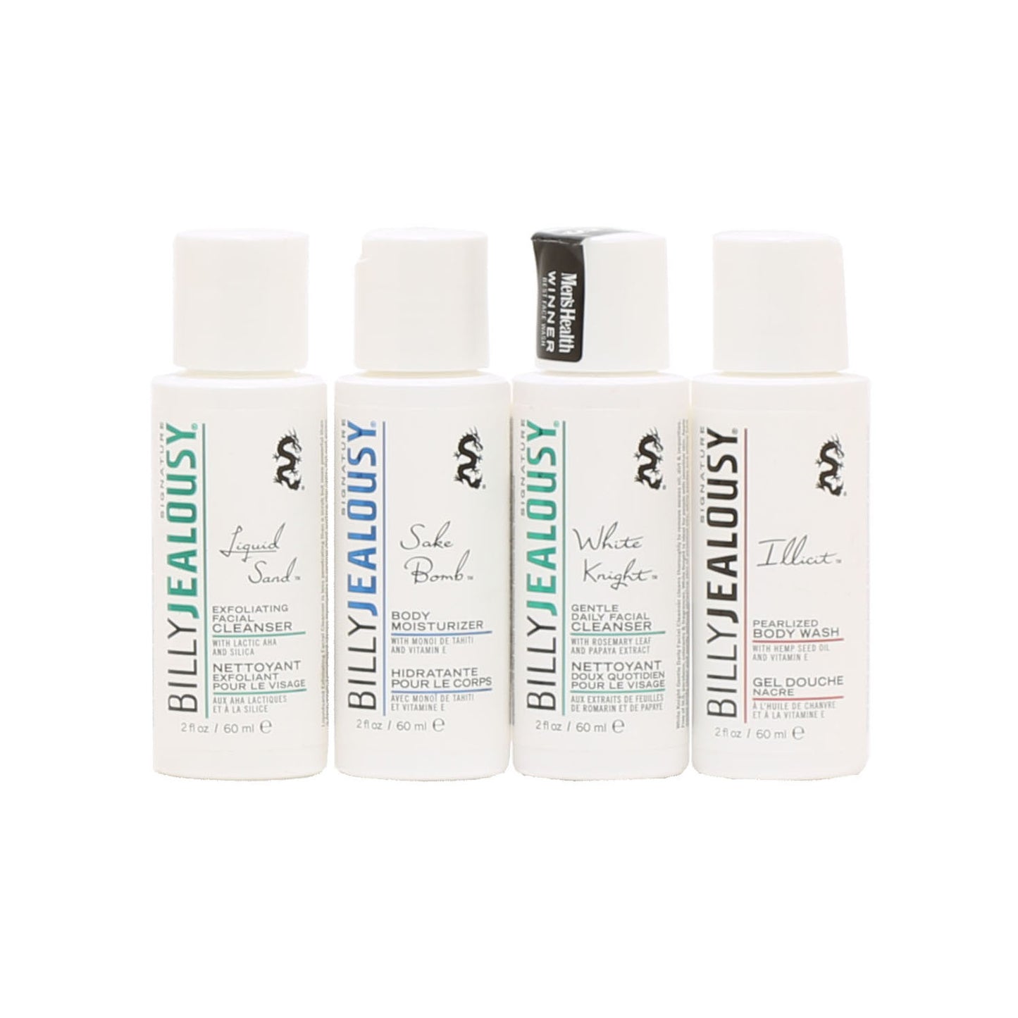 On The Go Billy Jealousy Sake Bomb Moisturizer, Illicit Body Wash, Salad Days Body Scrub