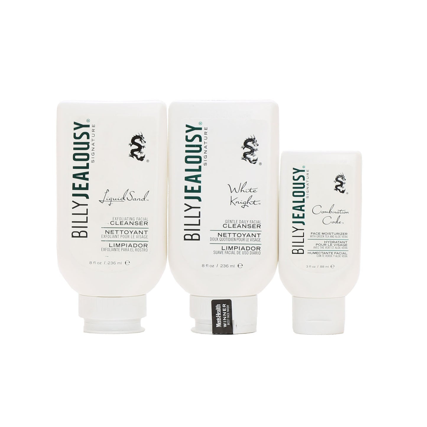Billy Jealousy Full Size Liquid Sand Exfoliator, White Knight Cleanser, Combination Code Moisturizer