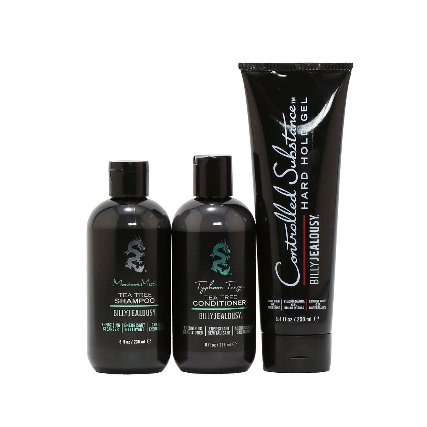Billy Jealousy Full Size Salon Trio Monsoon Mist Shampoo 8 Oz, Typhoon Tango Conditioner 8 Oz, Controlled Substance Gel 8.4 Oz