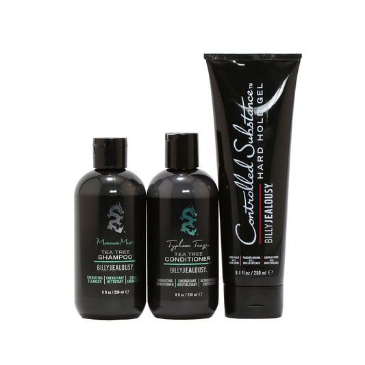 Billy Jealousy Full Size Salon Trio Monsoon Mist Shampoo 8 Oz, Typhoon Tango Conditioner 8 Oz, Controlled Substance Gel 8.4 Oz