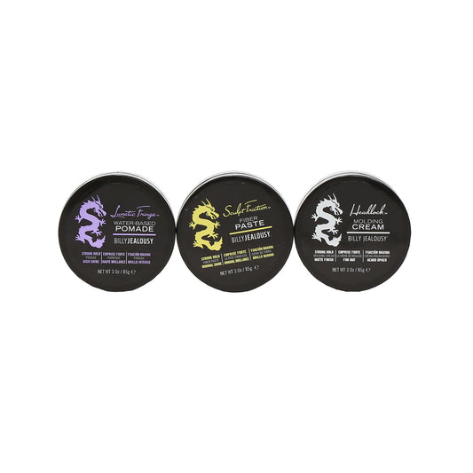 Billy Jealousy Full Size Salon Trio Lunatic Fringe Pomade, Sculpt Friction Fiber Paste, Headlock Molding Cream