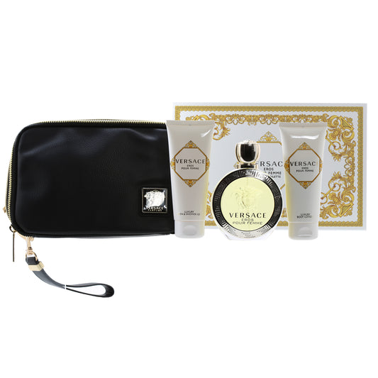 Versace Eros Pour Femme Set- 3.4 Oz Bath And Shower Gel, 3.4 Oz Body  Lotion , 3.4 Oz EDT , Bag