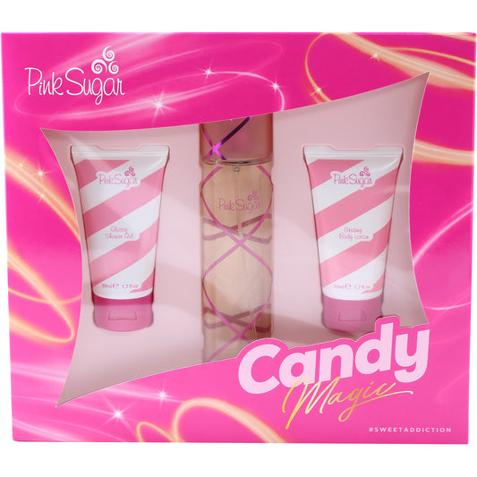 Pink Sugar By Aquolina Set 3.4 Oz EDT / 1.7 Oz Shower Gel/ 1.7 Oz Body  Lotion
