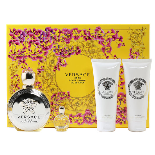 Versace Eros Pour Femme Set- 3.4 Oz EDP , .17 Oz EDP , 3.4 Oz Body  Lotion , 3.4 Oz Bath And Shower Gel