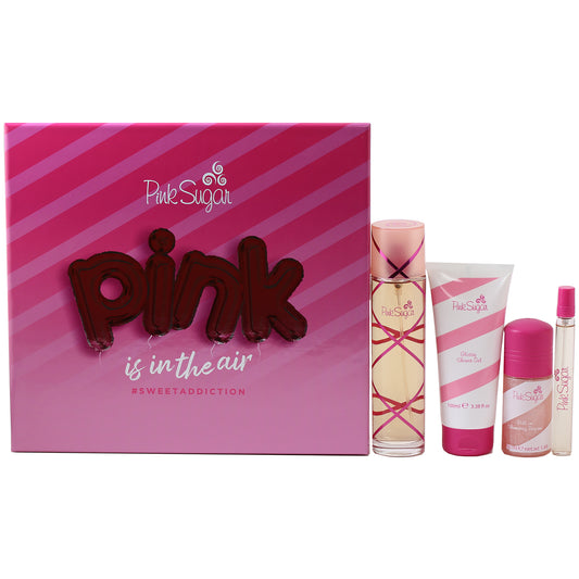Pink Sugar By Aquolina Set- 3.4 Oz EDT , 3.4 Oz Shower Gel, 1.7 Oz Roll On, .34 Oz Rollerball Perfume