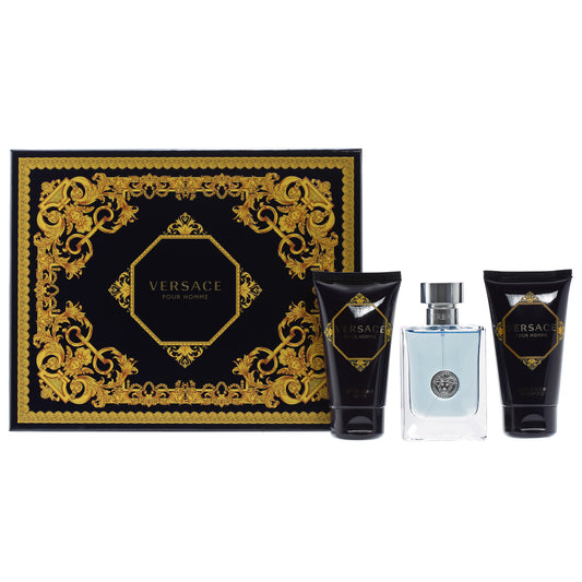 Versace Pour Homme Set-1.7 Oz EDT Spray, 1.7 Oz Hair And Body Shampoo, 1.7 Oz After-Shave Balm