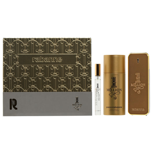 Paco Rabanne One Million Set 3.4 Oz EDT Spray/ 5.1 Oz Deodorant Spray/ .34 Mini EDT