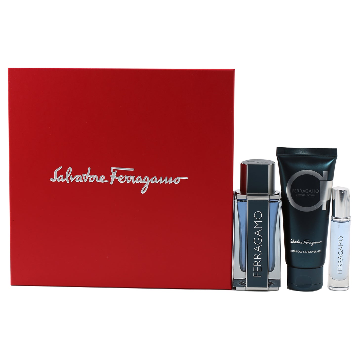 Salvatore Ferragamo Intense Leather Mens Set- 3.4 Oz Shampoo And Shower Gel, 3.4 Oz EDP , .34 Oz EDP
