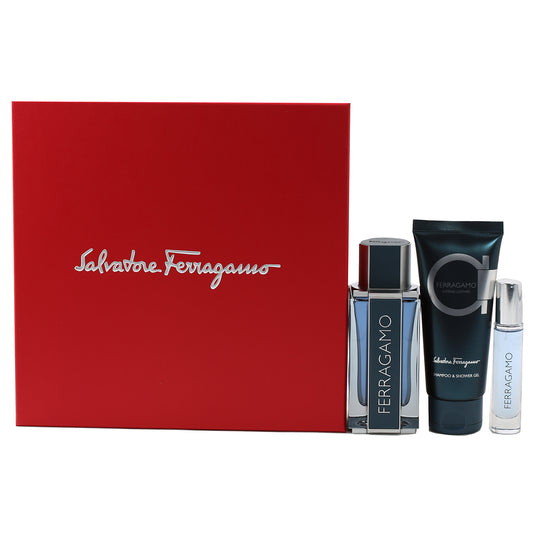 Salvatore Ferragamo Intense Leather Mens Set- 3.4 Oz Shampoo And Shower Gel, 3.4 Oz EDP , .34 Oz EDP