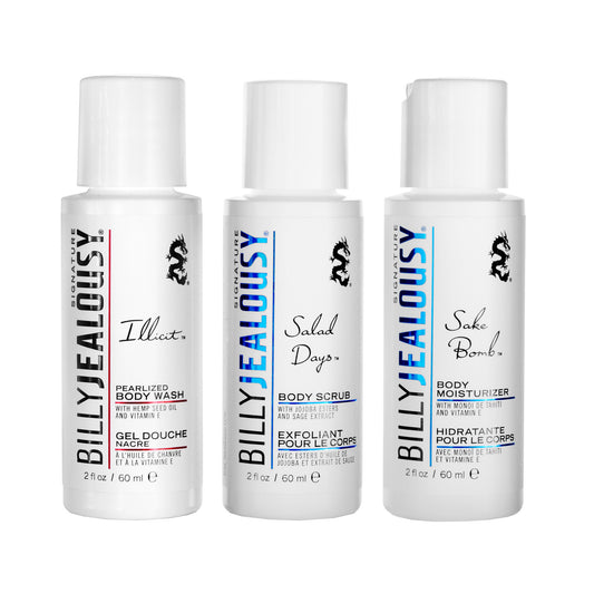 On The Go Billy Jealousy Body Trio/Body Wash/ Body Scrub/ Body Moisturizer 2 Oz