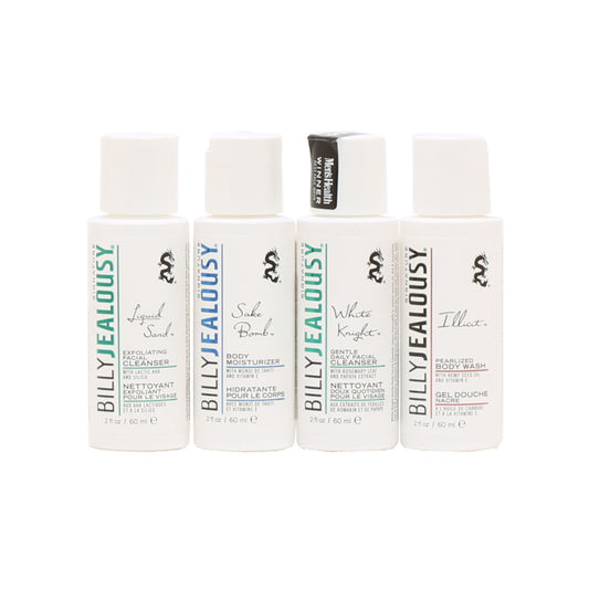 On The Go Billy Jealousy Sake Bomb Moisturizer, Illicit Body Wash, Salad Days Body Scrub