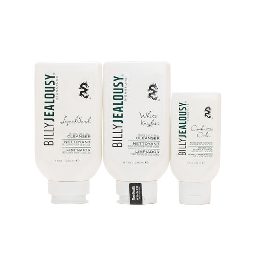 Billy Jealousy Full Size Liquid Sand Exfoliator, White Knight Cleanser, Combination Code Moisturizer