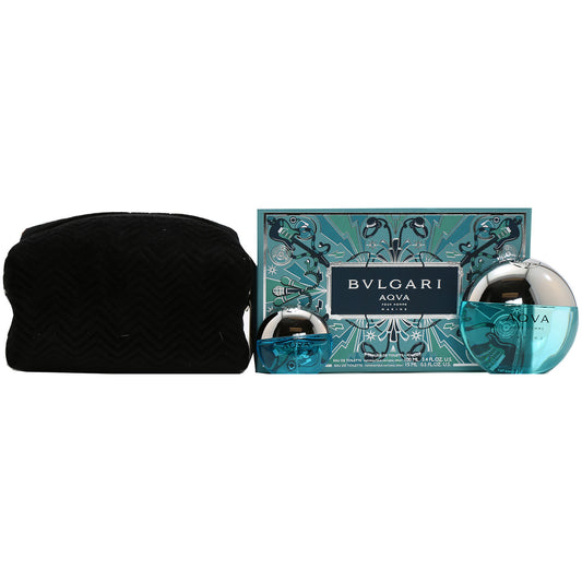 Bvlgari Aqva Marine 3 Pc Set 3.4 Oz EDT , 15 Ml EDT , Pouch