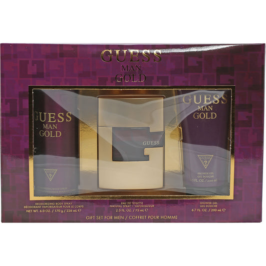 Guess Man Gold Set 2.5 Oz EDT , 6.7 Oz Shower Gel, 6 Oz Body Spray